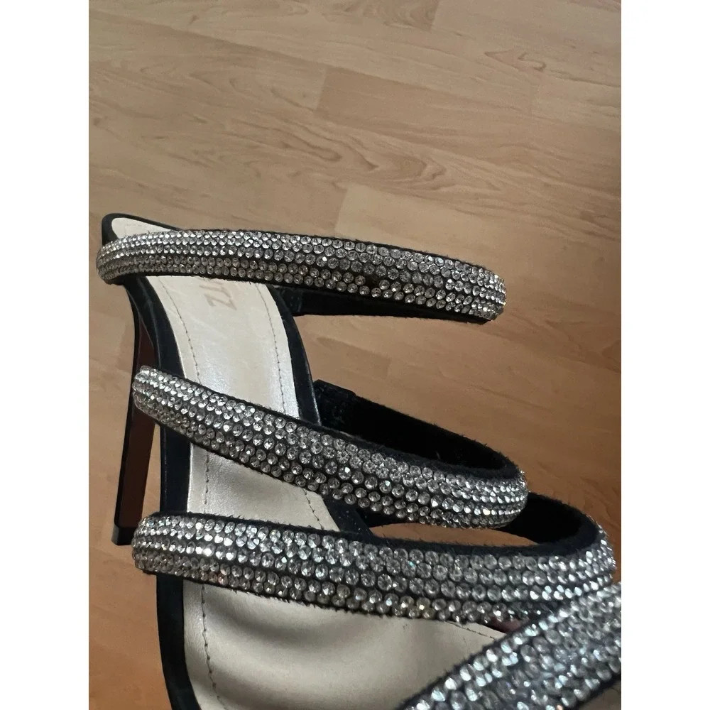 SCHUTZ Sariah Crystal Embellished Strap Heels Black & Cristal Size 9.5 Suede